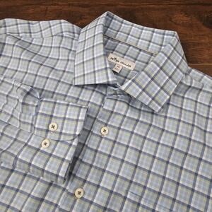 Peter Millar‎ Mens XL Blue Plaid Performance Button Up Shirt Polyester Blend